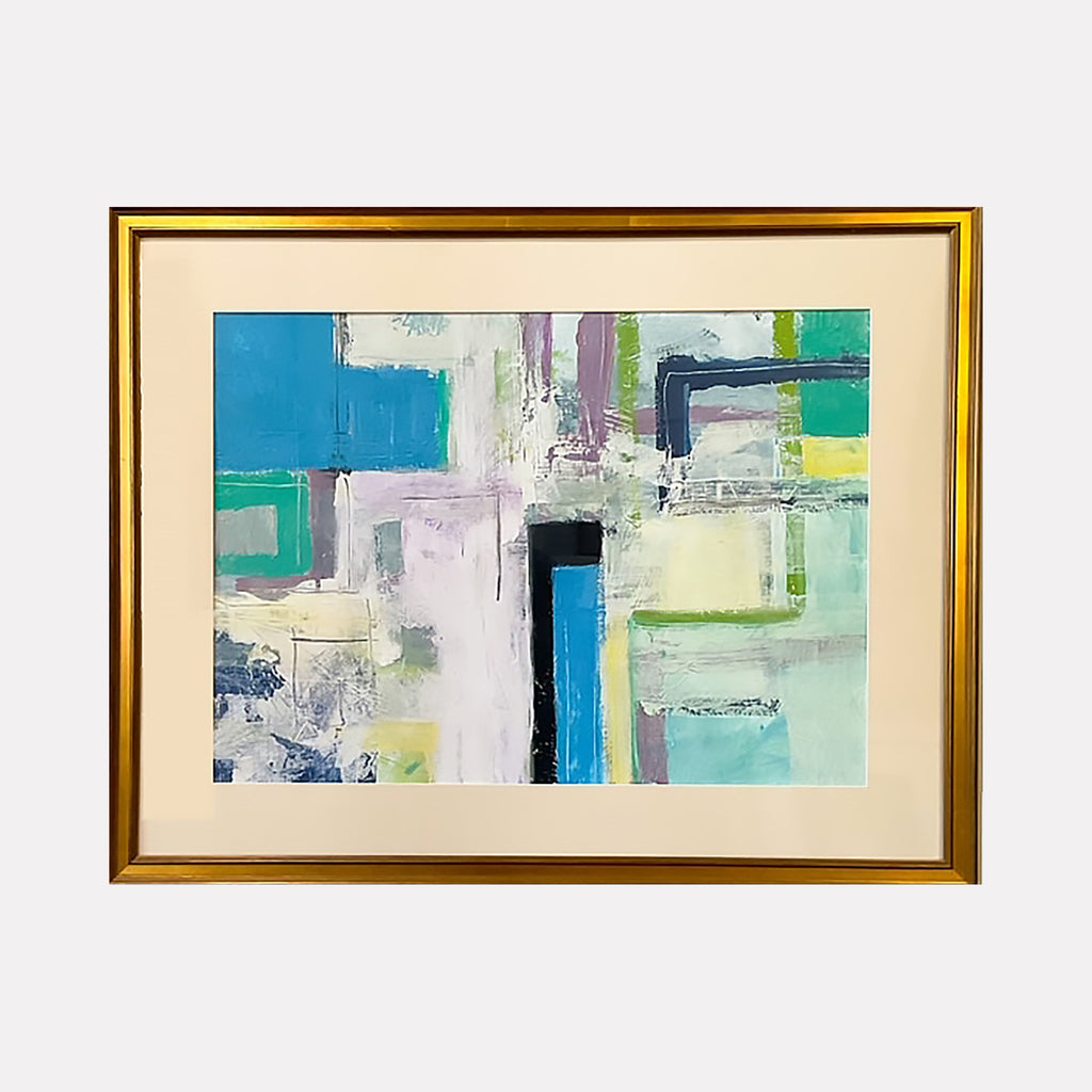 The artwork "Inside Out 232" features an abstract composition with overlapping geometric shapes and soft brushstrokes in shades of blue, green, purple, and white, creating a textured layered effect on acrylic canvas. The piece is framed with a simple gold frame, enhancing its modern aesthetic. Don Wass.