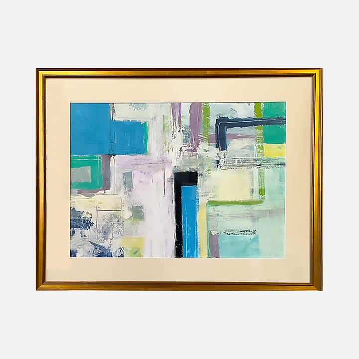The artwork "Inside Out 232" features an abstract composition with overlapping geometric shapes and soft brushstrokes in shades of blue, green, purple, and white, creating a textured layered effect on acrylic canvas. The piece is framed with a simple gold frame, enhancing its modern aesthetic. Don Wass.