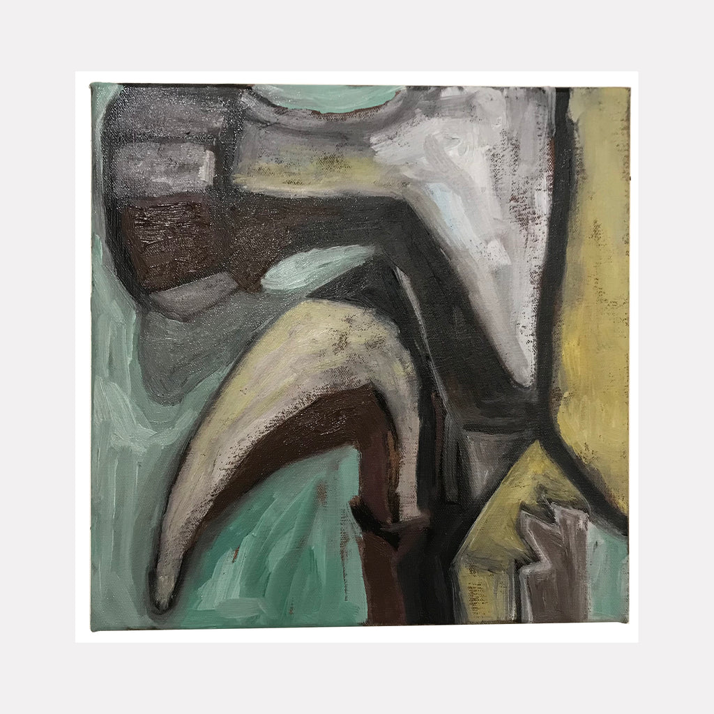 The artwork "Hammer, Hammer" by Val Sivilli presents abstract geometric forms in muted tones of blue, gray, beige, and yellow. The textured brushstrokes create layered shapes that suggest industrial tools, echoing the abstract expressionism of Willem de Kooning and the cubist influences of Pablo Picasso.