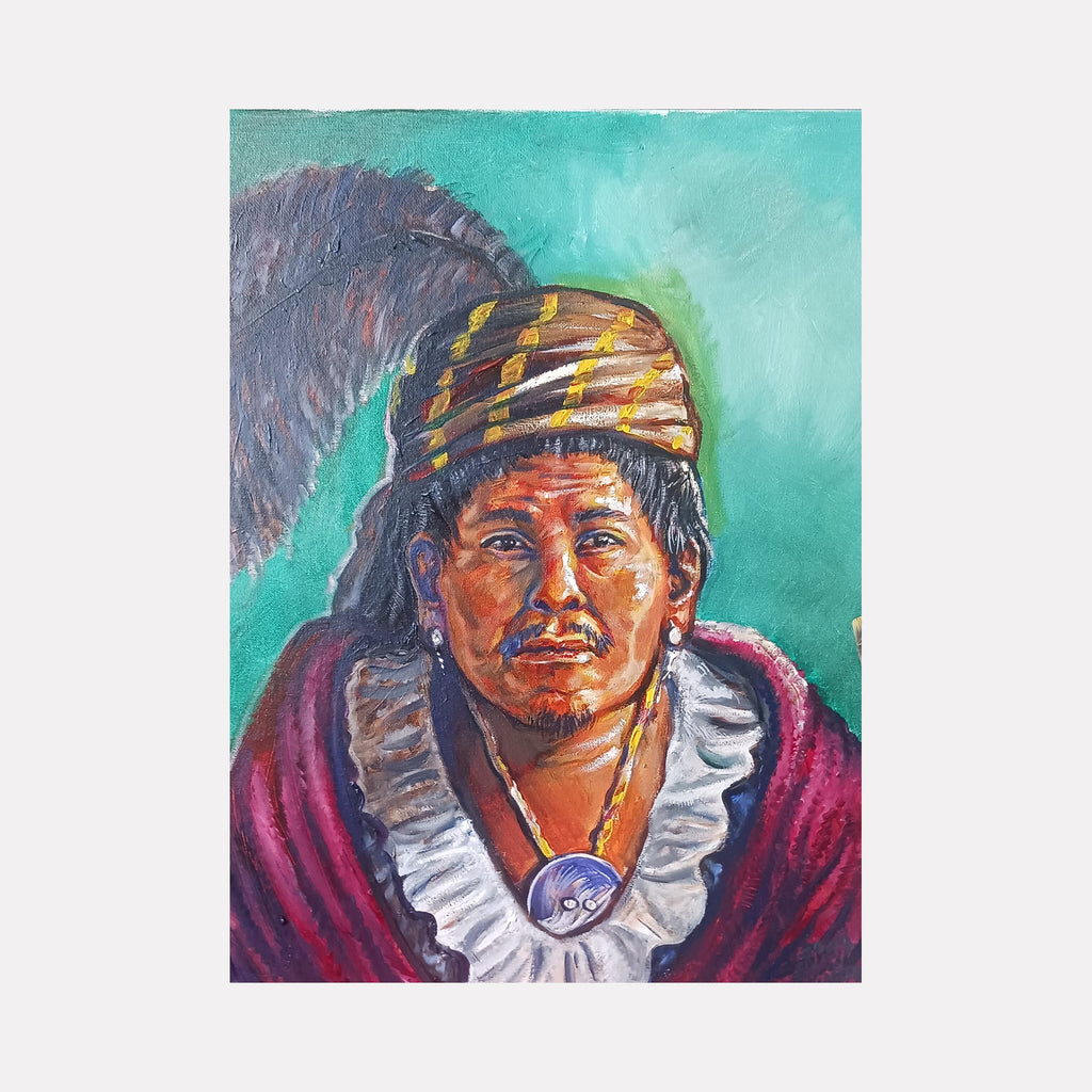 The artwork "Native American, ca. 1780" by David Bunn Martine features a detailed portrait of a Native American figure adorned with a colorful headband and large feather. Rich textures and bold brushstrokes in earthy reds, browns, and greens evoke a vivid realism and emotional depth, reminiscent of portraiture by John Singer Sargent and early American realist painters.