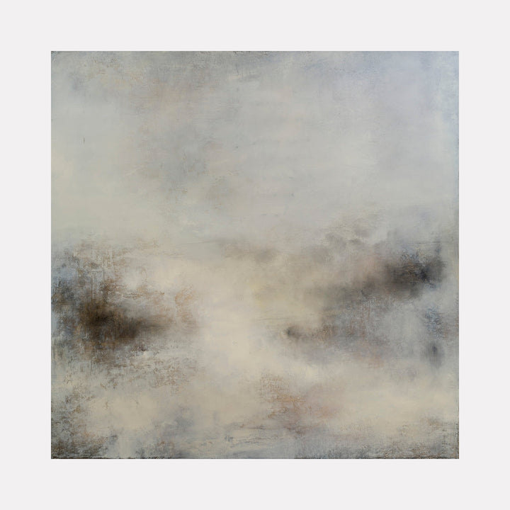 The artwork "Distraction II" by Xanthippe Tsalimi features an abstract composition blending soft browns, grays, and muted blues with textured layers that evoke a foggy, natural landscape. The atmospheric style and subtle tonal shifts recall the contemplative, textured abstractions of Mark Rothko and the serene minimalism of Agnes Martin.