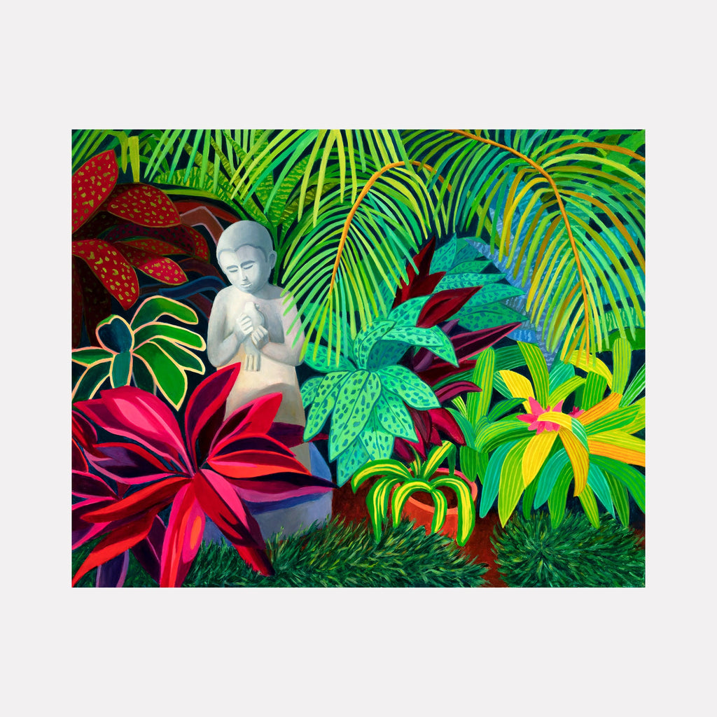 The artwork "Blessed" by Roxa Smith features a serene white statue of a praying figure surrounded by vibrant tropical foliage with rich, saturated greens, reds, and yellows. The style evokes the lush, detailed botanical compositions reminiscent of Henri Rousseau, blending a calm, meditative mood with vivid, textured plant forms.