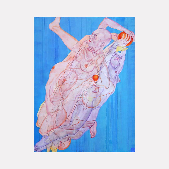The artwork "Let Yourself Tumble" by Sol Kjok features overlapping translucent figures in soft pink and purple hues against a vibrant blue background, evoking movement and fluidity. The style recalls Egon Schiele's expressive line work and Francis Bacon's layered forms, blending anatomical detail with surreal abstraction for a dynamic, contemporary composition.