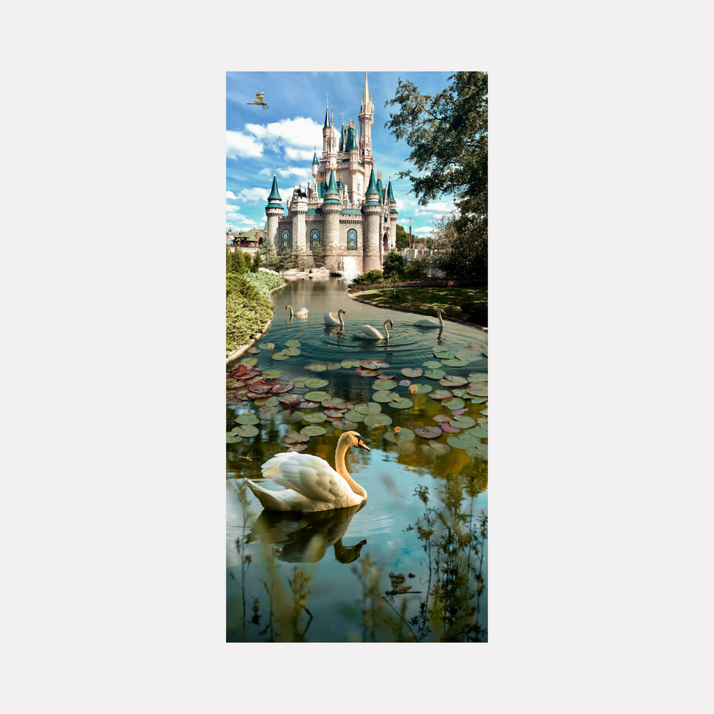 Swan Song by Nash Bellows depicts an elegant white swan gliding across a tranquil lily-covered pond, with more swans in the distance and a grand, fairy-tale castle rising under a bright blue sky, blending serene nature and enchanting architecture in a peaceful, dreamlike setting.