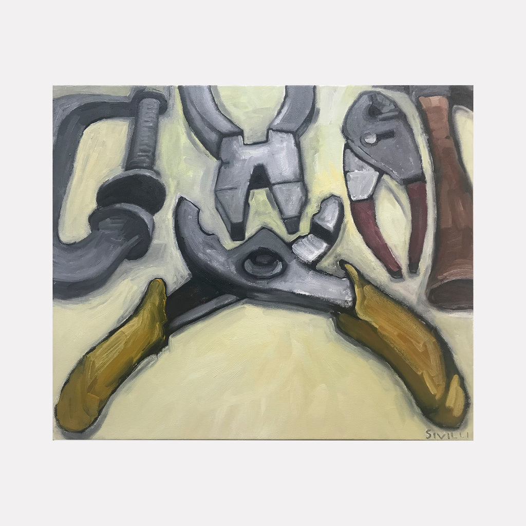 The artwork "Hand Tools 1" by Val Sivilli presents an intimate arrangement of various hand tools, including pliers, a C-clamp, and a wrench, depicted with bold, rounded forms and a muted palette of grays, yellows, and browns. The stylized composition and textured brushwork evoke a tactile quality reminiscent of Wayne Thiebaud’s still lifes and the simplified shapes of early Henri Matisse.
