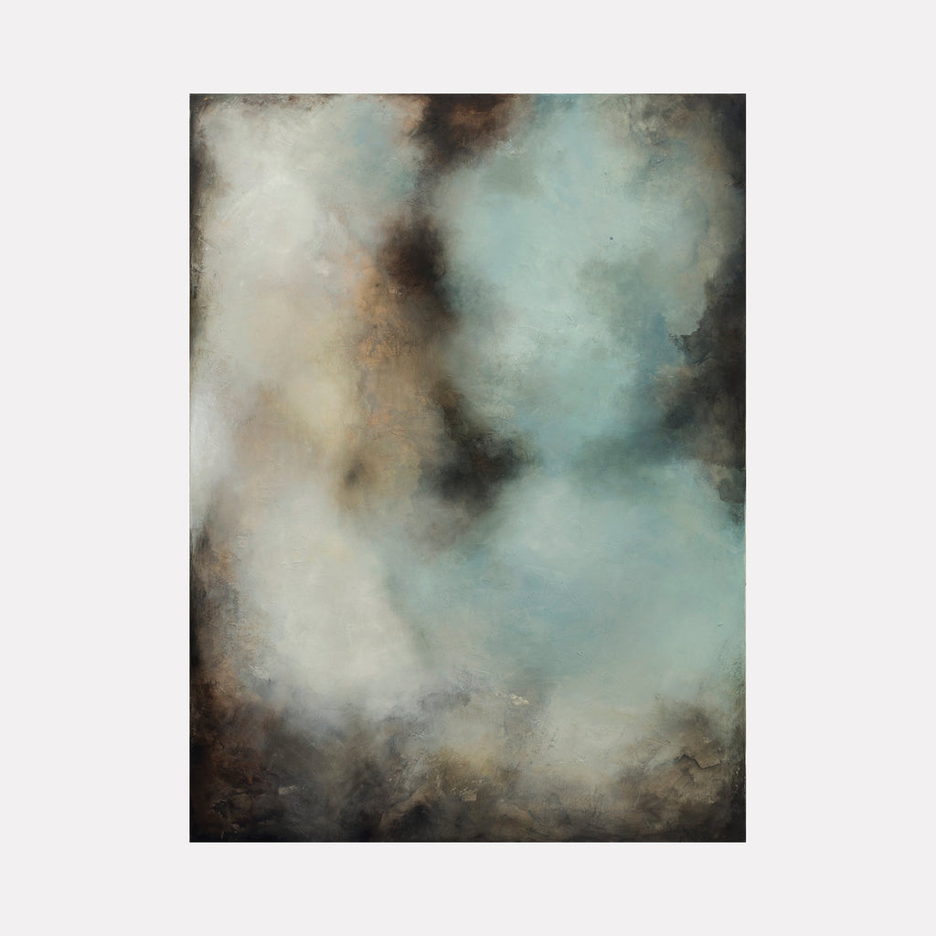 The artwork "Daydreaming" by Xanthippe Tsalimi features an abstract landscape with a harmonious blend of soft browns, grays, and muted blues. The textured layers create an ethereal, mist-like effect, evoking the atmospheric abstractions of Mark Rothko and the subtle tonal transitions reminiscent of J.M.W. Turner’s skies.