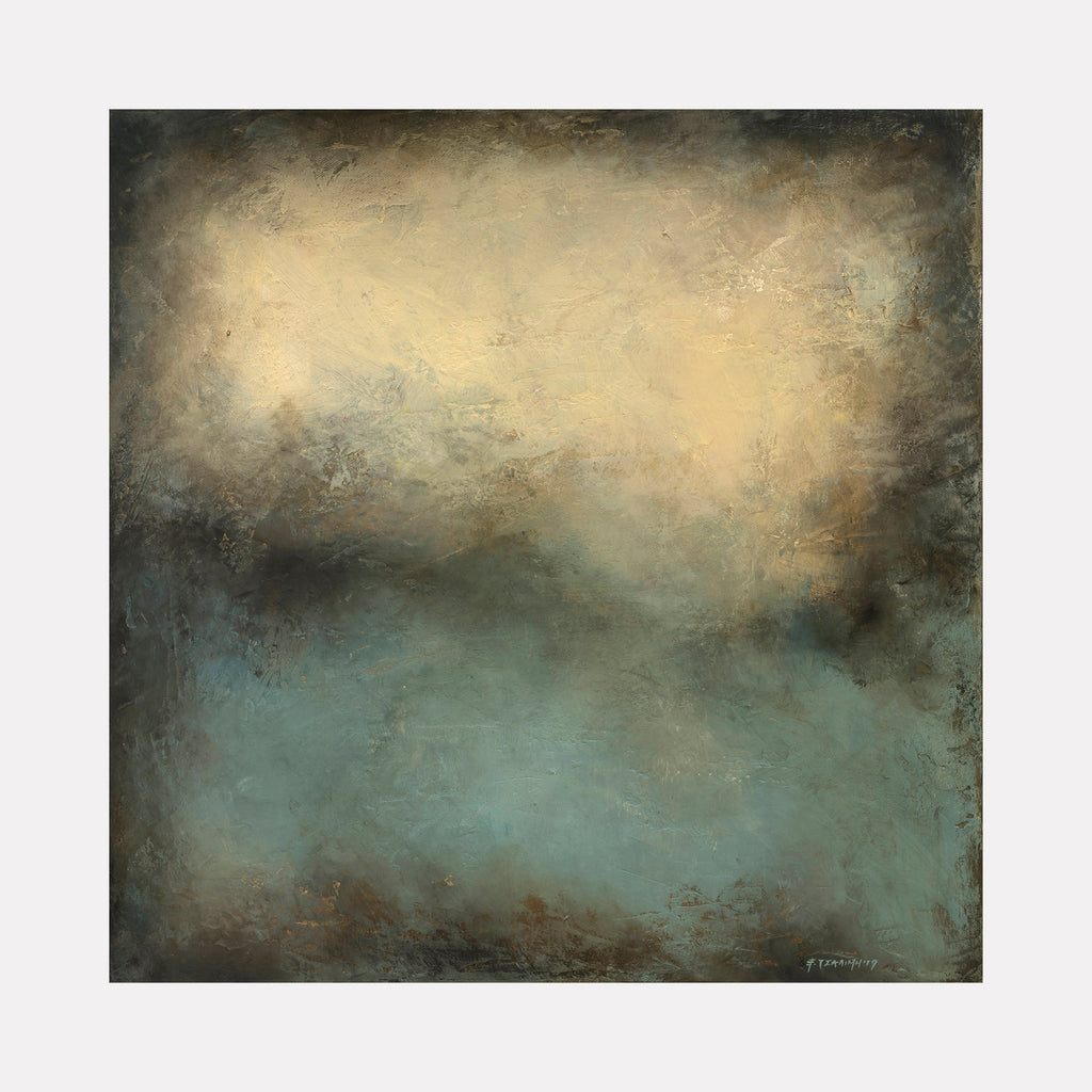 The artwork "Deep Breath II" by Xanthippe Tsalimi features an abstract composition with muted earthy tones of beige, brown, and soft teal blending smoothly across a textured surface. The atmospheric layering and subtle brushwork evoke the contemplative minimalism of Mark Rothko and the serene abstractions of Helen Frankenthaler.