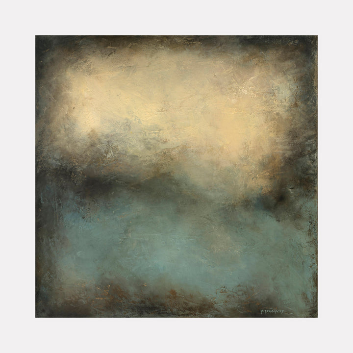 The artwork "Deep Breath II" by Xanthippe Tsalimi features an abstract composition with muted earthy tones of beige, brown, and soft teal blending smoothly across a textured surface. The atmospheric layering and subtle brushwork evoke the contemplative minimalism of Mark Rothko and the serene abstractions of Helen Frankenthaler.