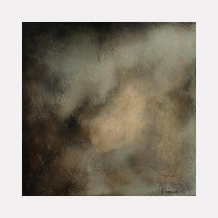 The artwork "Let Go" by Xanthippe Tsalimi features a textured abstract composition in muted browns, grays, and soft beige tones, blending ethereal, smoky layers that evoke natural earth and fog. The atmospheric depth and subtle texture recall the moody abstraction of Mark Rothko and the tonal harmony found in Agnes Martin’s contemplative works.