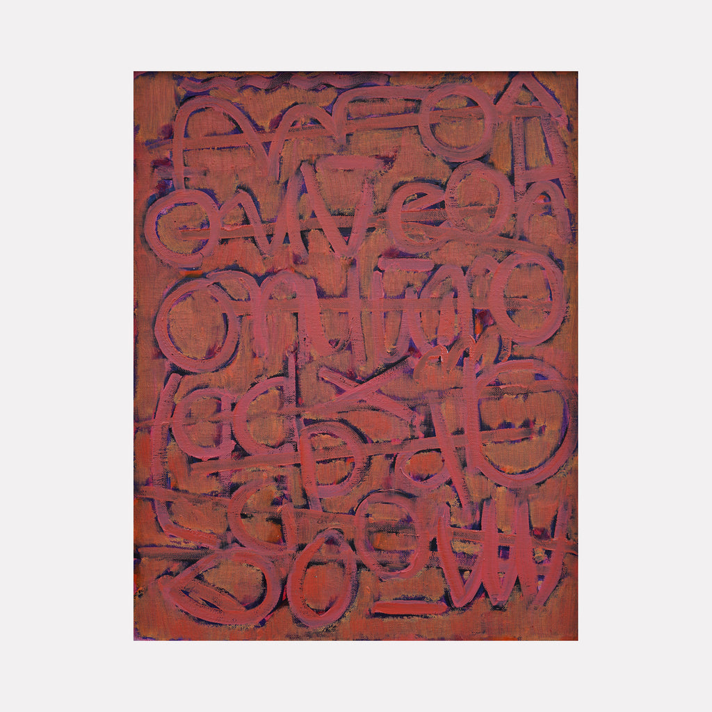 Marfa Orange by Lia Rodi presents an abstract composition with layered, circular, and linear shapes in deep orange and muted purple hues. The textured surface creates a rhythmic, enigmatic pattern that combines organic and geometric forms, evoking a contemplative, modern expression with subtle depth and vibrant contrast.