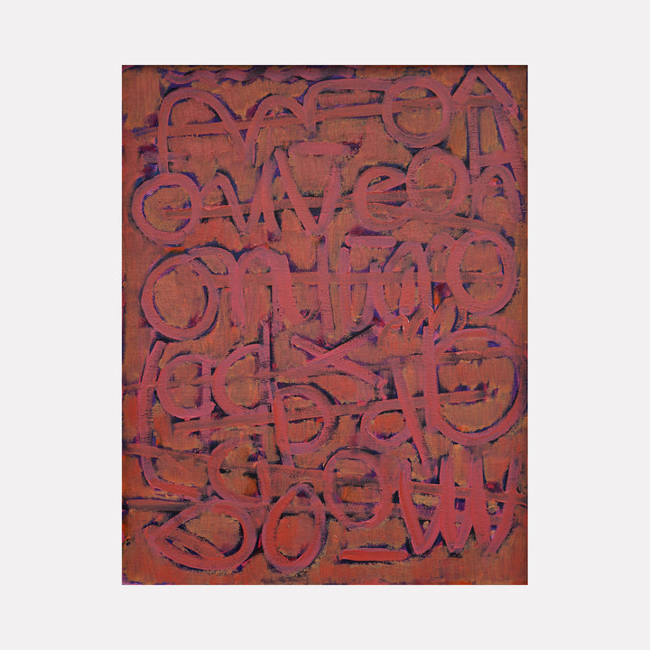 Marfa Orange by Lia Rodi presents an abstract composition with layered, circular, and linear shapes in deep orange and muted purple hues. The textured surface creates a rhythmic, enigmatic pattern that combines organic and geometric forms, evoking a contemplative, modern expression with subtle depth and vibrant contrast.