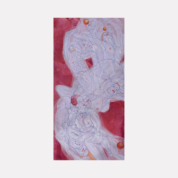 The artwork "Topsy-Turvy" by Sol Kjok features intertwined ghostly figures rendered in delicate, translucent lines against a deep reddish background. The composition evokes surrealism reminiscent of Salvador Dalí and Egon Schiele, blending fluid human forms with circular accents, creating a dreamlike, ethereal texture and movement.