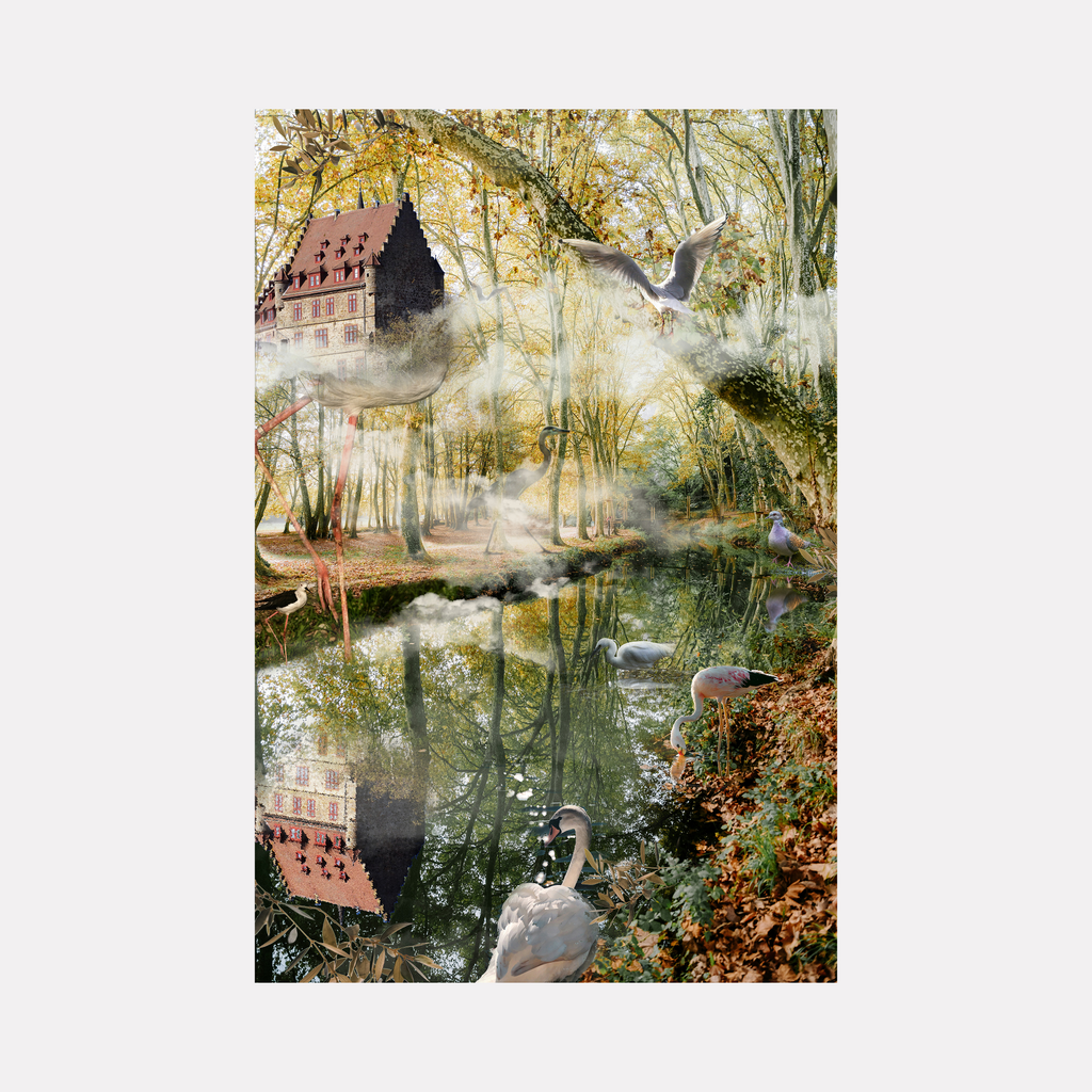 The Conference of the Birds by Nash Bellows depicts a tranquil autumn woodland with golden trees reflecting in a still pond. Elegant birds, including swans and flamingos, gather around the water’s edge, while a historic stone building looms softly through morning mist, creating a peaceful and poetic natural scene.
