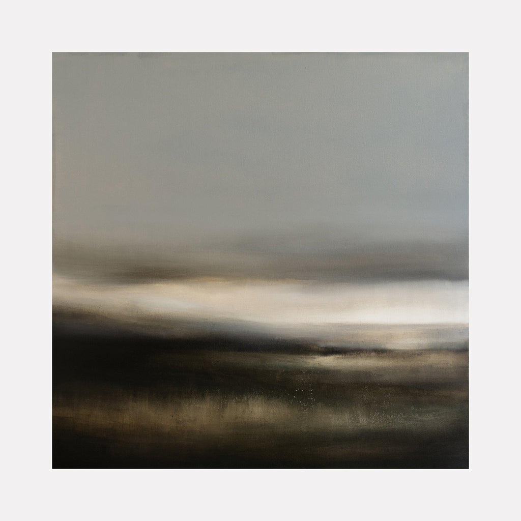 The artwork "Last Night’s Dream" by Xanthippe Tsalimi features an abstract, atmospheric landscape with layered washes of muted grays, soft browns, and blacks. The blurred horizon and subtle textural shifts evoke a meditative mood, reminiscent of the tonal landscapes by Mark Rothko and the serene minimalism of Agnes Martin’s compositions.