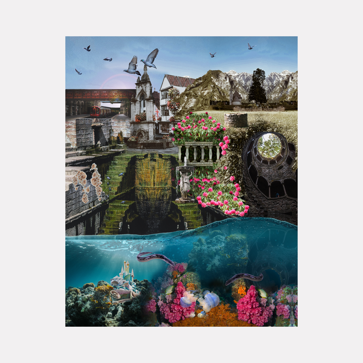 Seaside by Nash Bellows presents a surreal coastal scene blending rustic stone architecture, vibrant pink flowers, and soaring birds above tranquil waters. Below the surface, colorful coral, marine life, and mysterious underwater caves evoke a harmonious fusion of nature and fantasy within a dreamlike shoreline setting.