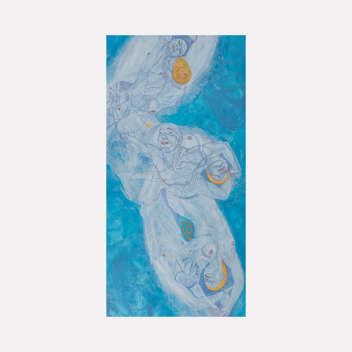The artwork "Coming and Going" by Sol Kjok features ethereal human figures outlined in delicate, flowing lines against a textured, vibrant blue background. Accents of golden spirals add contrast and depth, evoking the surreal, dreamlike quality reminiscent of Egon Schiele’s expressive line work and Marc Chagall’s whimsical use of color.