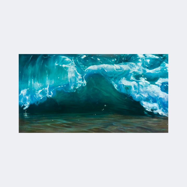 The artwork "Breaker" by Regina Miele depicts a vivid, realistic ocean wave crashing with translucent blues and frothy whites, capturing the dynamic energy and fluid textures reminiscent of marine scenes by artists like Winslow Homer and contemporary hyperrealists, showcasing a deep connection to nature’s power and beauty.