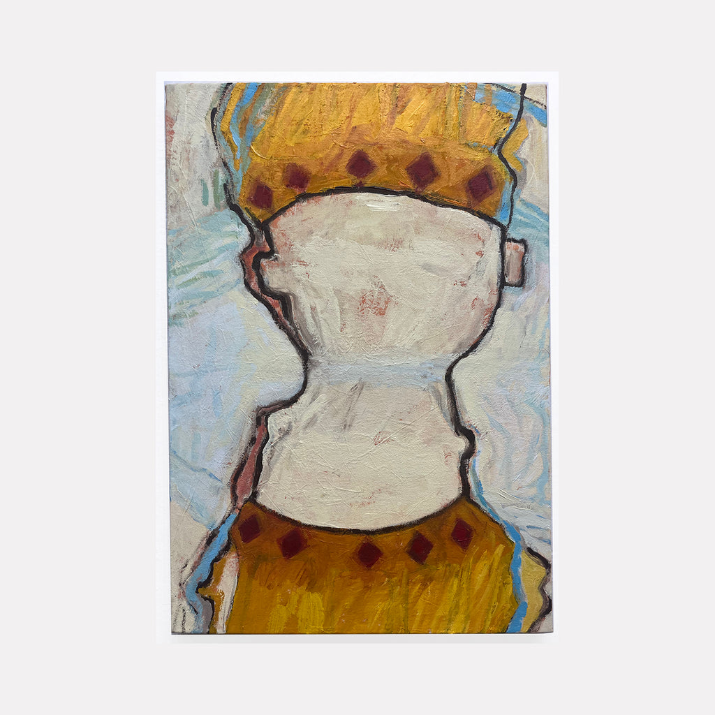 The artwork "Queen of Diamonds" by Val Sivilli presents an abstract figure wearing a crown decorated with diamond shapes. The composition uses broad, textured brushstrokes in warm ochres and muted reds contrasted against cool blues. The simplified, graphic style suggests influences from early Modigliani and the bold abstraction of Picasso’s portraits.