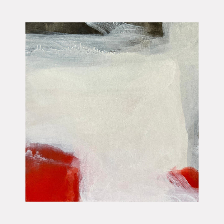 The artwork "Safe, The Barn" by Ann Tracy features a minimalist abstract composition with soft, layered brushstrokes in muted whites and grays, contrasted by bold patches of vibrant red at the bottom corners. The texture evokes the subtle blending techniques reminiscent of Mark Rothko and Helen Frankenthaler, creating a contemplative and serene visual experience.