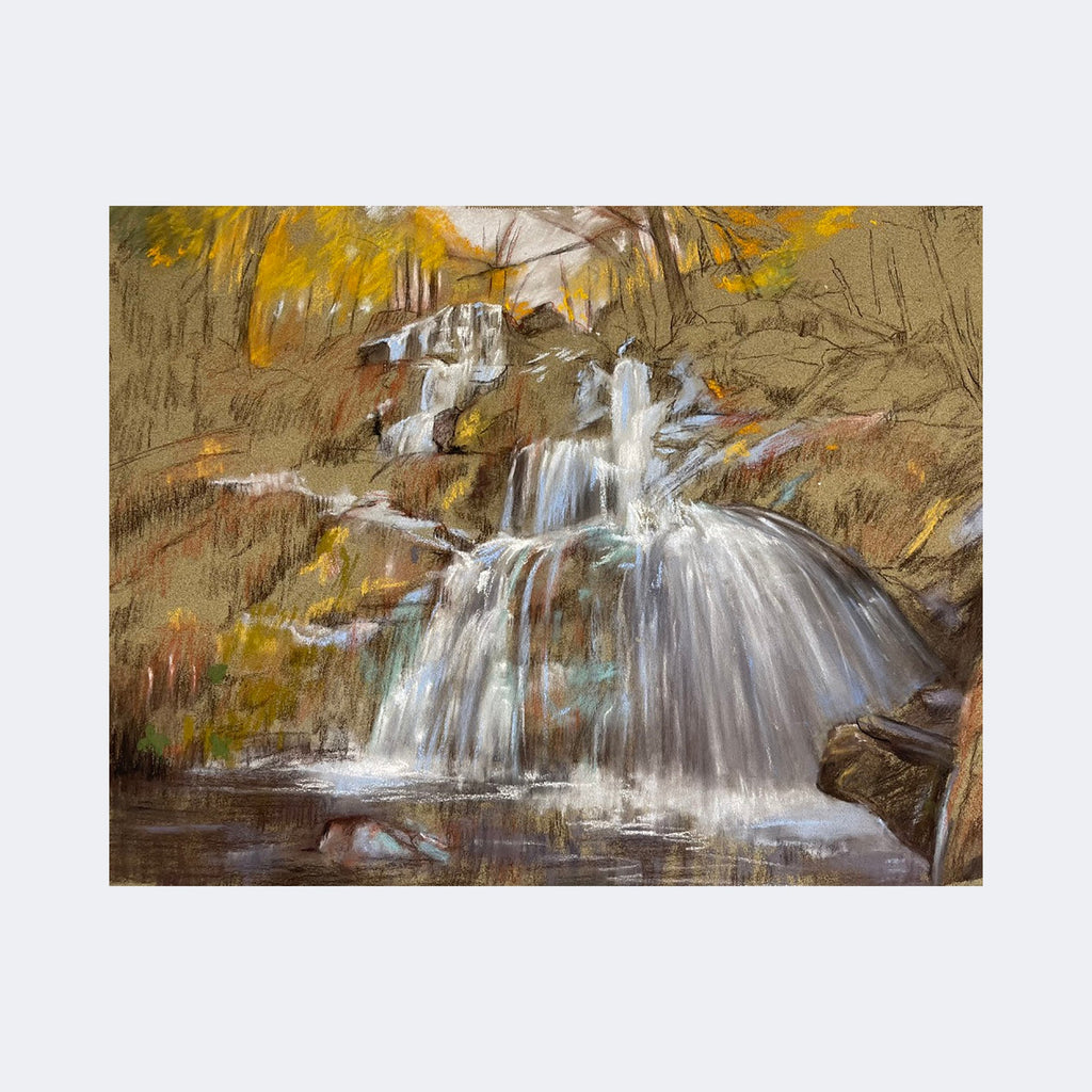 The artwork "Shenandoah Falls" by Regina Miele depicts a cascading waterfall rendered in soft pastel tones on a textured, earthy background. The flowing water is captured with dynamic white and blue strokes, contrasting with warm golden and brown hues of the surrounding autumn foliage. The style evokes the delicate naturalism found in works by John Singer Sargent.