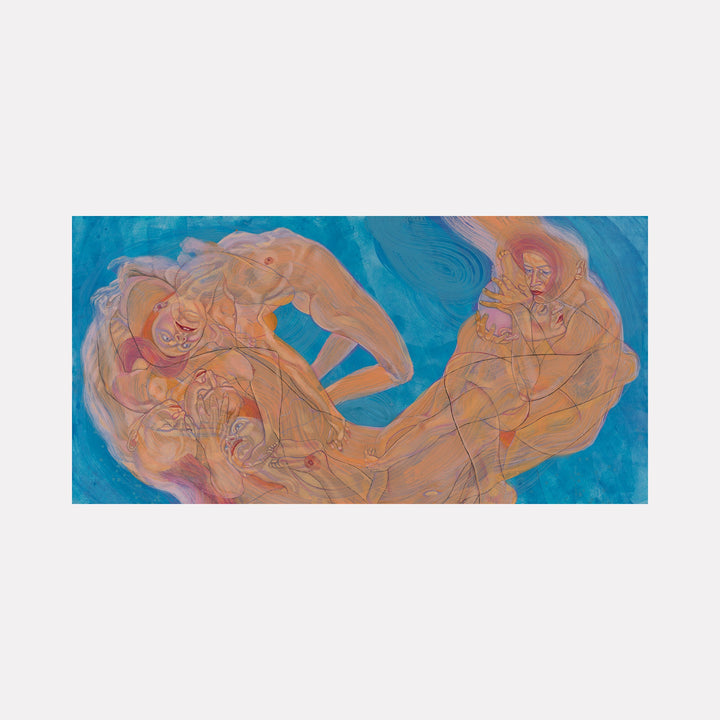 The artwork "Holding Your Head" by Sol Kjok features intertwined human figures with delicate, flowing lines and translucent layering that evoke movement and emotion. The warm, earthy tones contrast against a deep blue background, reminiscent of Egon Schiele’s expressive style and Gustav Klimt’s sinuous forms, creating a dreamlike, introspective visual narrative.
