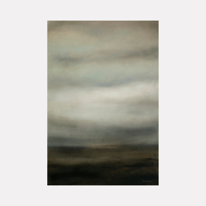 The artwork "Set Me Free II" by Xanthippe Tsalimi features an abstract, atmospheric landscape dominated by muted grays and deep browns with soft, layered textures that evoke mist and distance. The subtle gradations and ethereal quality recall the moody landscapes of J.M.W. Turner and the minimalist abstraction of Mark Rothko’s color fields.