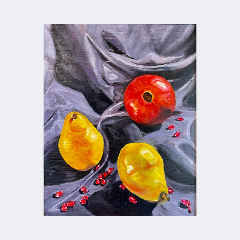 The artwork "Fruit and Seeds I" by Regina Miele features two yellow pears and one red apple resting on a draped gray fabric background. The painting uses rich, smooth brushstrokes and vibrant colors reminiscent of the realism seen in works by Giorgio Morandi and the still life compositions of Jean-Baptiste-Siméon Chardin. Scattered red seeds add texture and contrast.