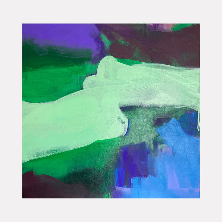 The artwork "Secret, Flynn Hill" by Ann Tracy features abstract shapes in bold brushstrokes blending shades of green, purple, blue, and hints of maroon. The soft layered textures evoke a dreamy atmosphere reminiscent of Mark Rothko’s color fields and Helen Frankenthaler’s fluid style, creating a modern, contemplative composition.