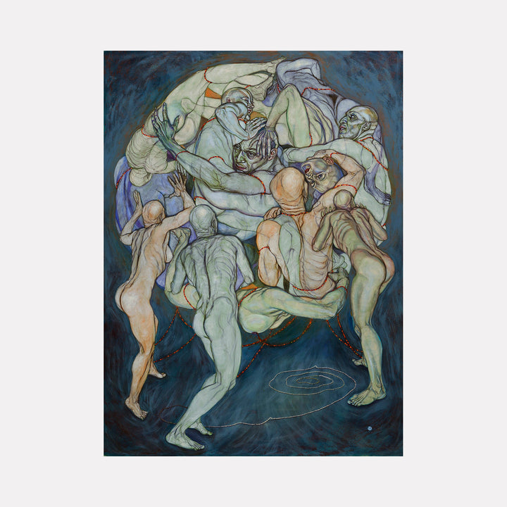 The artwork "Strings Attached" by Sol Kjok features a dynamic composition of nine intertwined human figures depicted with elongated limbs and muted earth tones against a deep blue background. The figures are connected by thin red lines, evoking tension and connection. The style recalls elements of Egon Schiele’s expressive anatomy and Francis Bacon’s distorted forms.