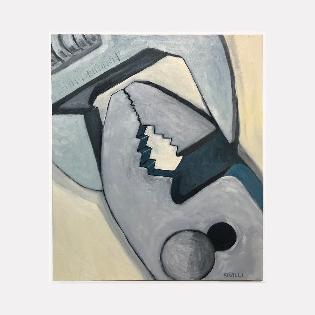 The artwork "Tenderness. HandTools 4" by Val Sivilli depicts an abstract close-up of a wrench and pliers intertwined, rendered in a cold, muted palette of grays and blues with textured brushstrokes. The composition combines industrial realism with painterly abstraction, evoking the precision of Chuck Close and the tonal subtlety of Edward Hopper.