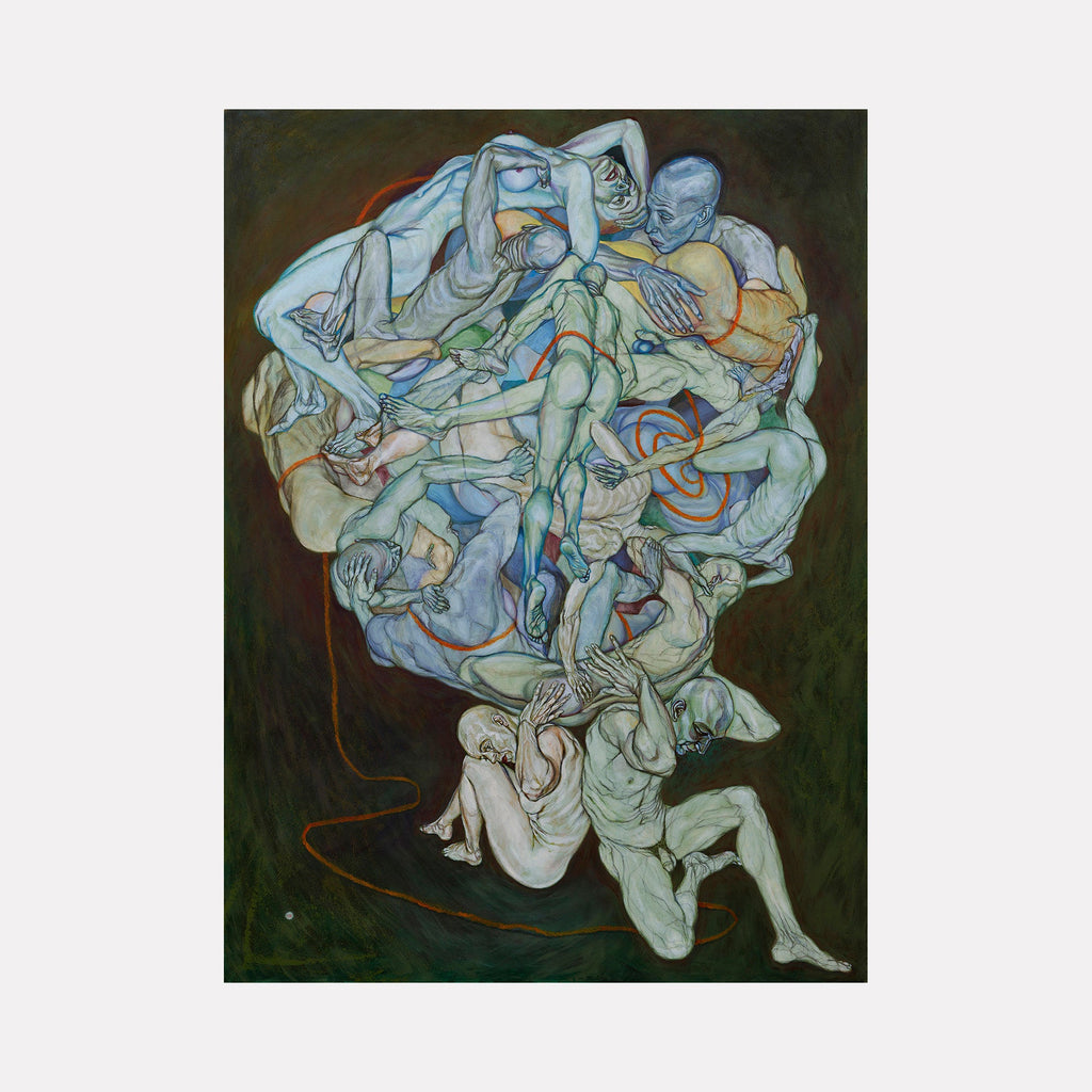 The artwork "Stitched with Its Color" by Sol Kjok features an intricate, surreal composition of intertwined, elongated human figures rendered in muted blues, greens, and earthy tones. The dynamic arrangement and expressive forms evoke the intense emotional energy found in Egon Schiele’s figurative works, blending fluid contours with raw vulnerability.