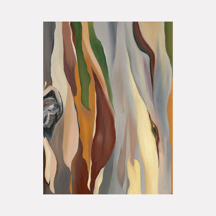 The artwork "Dark Thoughts Thrown in an Errant Wind" by Taylor Stoneman features flowing, organic shapes in earthy tones of brown, green, ochre, and soft gray. The abstract composition evokes the layered bark of a tree, with smooth, blending textures reminiscent of Georgia O'Keeffe's natural forms and the fluid style of Joan Mitchell’s paintings.