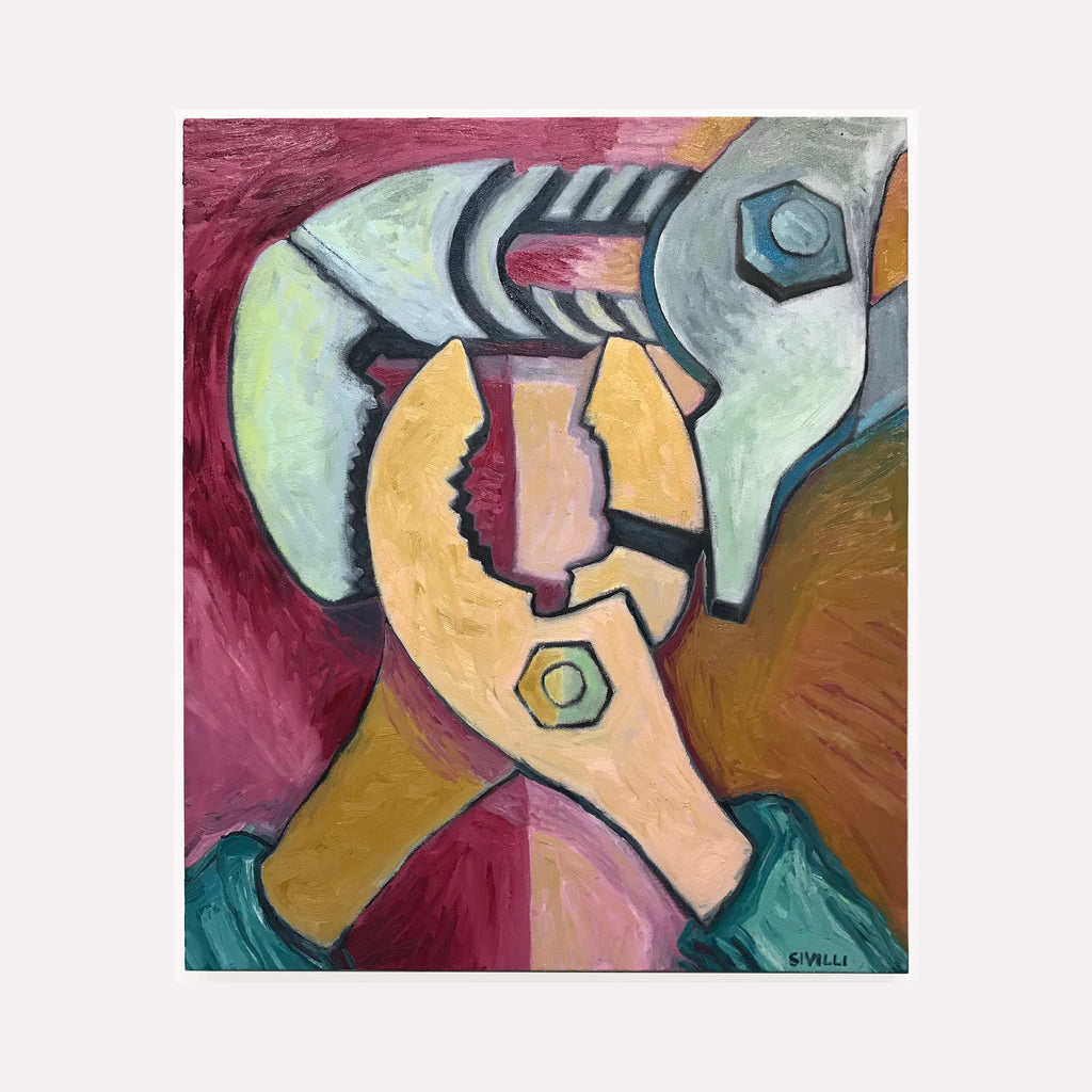 The artwork "Venus. HandTools 5" by Val Sivilli depicts abstracted wrench and plier forms in layered, textured brushstrokes with muted greens, blues, ochres, and rust tones. The bold outlines and fragmented shapes evoke the industrial abstraction of Charles Sheeler combined with the cubist-inspired geometry of early Picasso.