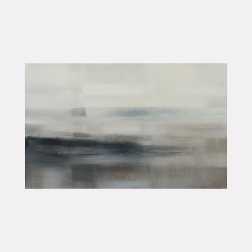 The artwork "Eternity II" by Xanthippe Tsalimi features a large abstract composition with soft gradations of brown, gray, and muted whites blending into each other. The textured, atmospheric layers evoke the contemplative landscapes of Mark Rothko and the subtle tonal harmony of Agnes Martin’s minimalist abstractions.