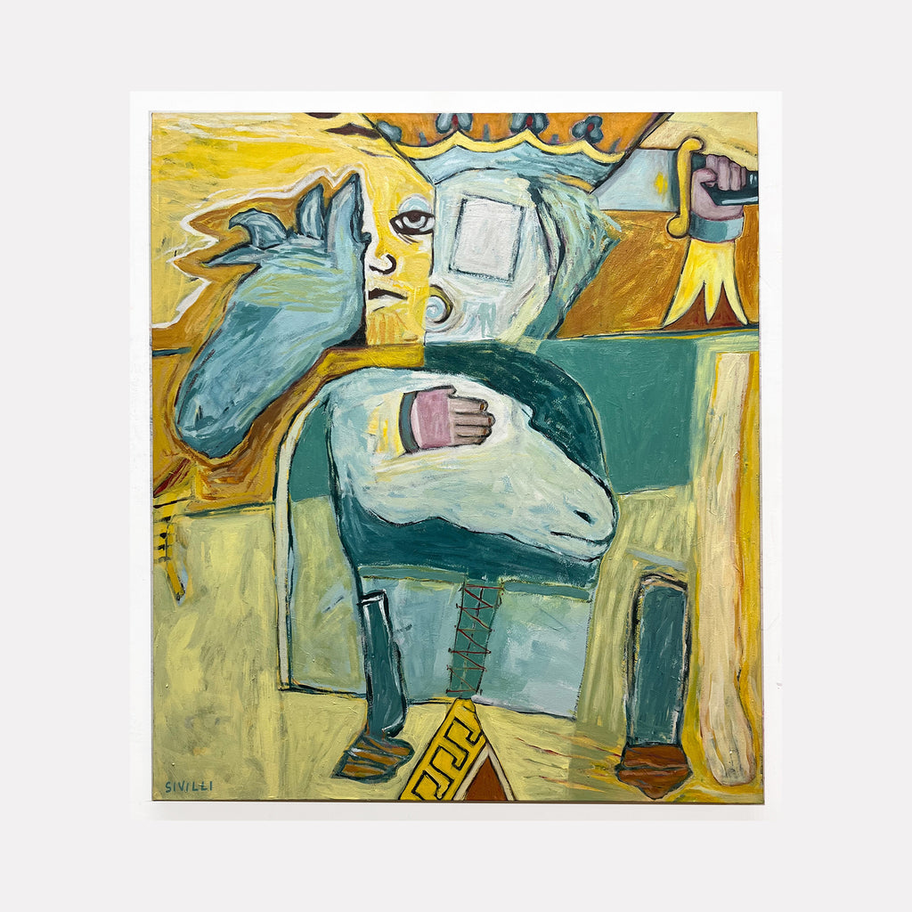 The artwork "Protecting the Beast from our own Propensity for Bad Behavior" by Val Sivilli features a figurative composition with a crowned figure holding a white beast. Rendered in layered brushstrokes of muted greens, yellows, and blues, it blends bold geometric shapes and expressive outlines, evoking the stylized abstraction of early Picasso and the symbolic depth of Paul Klee.