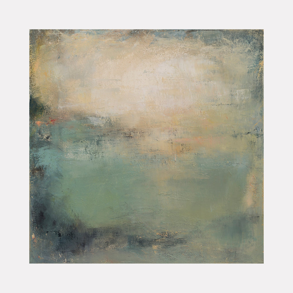 The artwork "April II" by Xanthippe Tsalimi features a large abstract composition blending soft blues, greens, and muted beige tones with textured layers creating atmospheric depth. The subtle gradations and blurred edges evoke the serene color fields of Mark Rothko and the moody abstractions of Helen Frankenthaler.