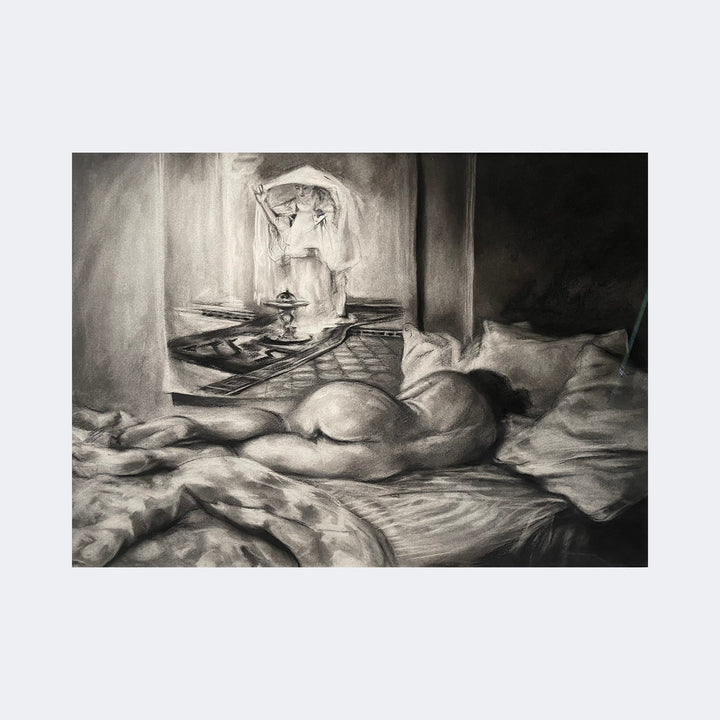 The artwork "Sleep and Dreams" by Regina Miele depicts a serene scene of a nude figure lying face down on a rumpled bed, rendered in soft grayscale tones reminiscent of Edgar Degas' intimate and tender studies. The background features a reflective surface with an abstract, dreamlike figure, blending realism and impressionistic textures to evoke a peaceful, contemplative atmosphere.
