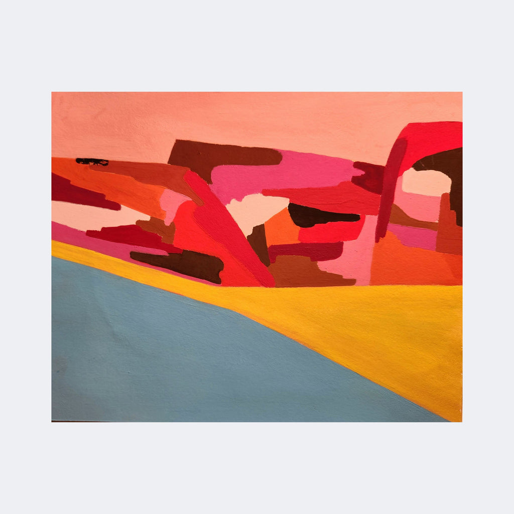 The artwork "1" by Joanie Flickinger features an abstract composition with bold, overlapping shapes in warm tones of red, pink, and brown contrasted against broad swaths of mustard yellow and muted blue. The flat, geometric forms and vibrant color palette evoke the style of mid-century modern abstract painters like Henri Matisse and early Willem de Kooning.
