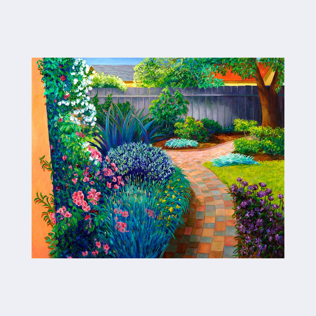 The artwork "Hidden Treasures" by Roxa Smith depicts a vibrant garden scene with a winding brick pathway surrounded by lush green foliage and colorful flowers. The style combines vivid impressionistic brushstrokes reminiscent of Claude Monet's garden paintings with the bold color contrasts found in Van Gogh's work, creating a lively and inviting outdoor space.