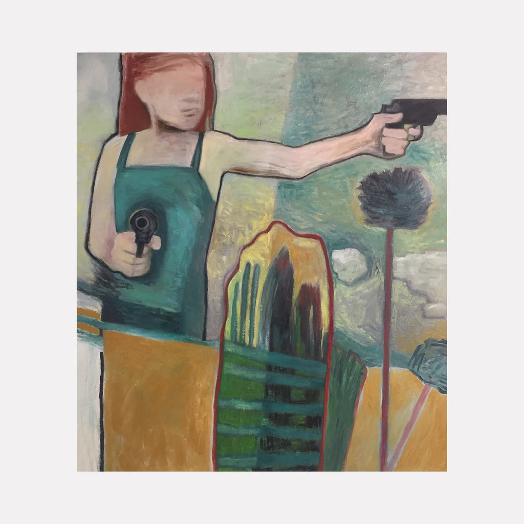 The artwork "Protector of the Dreams" by Val Sivilli depicts a figurative scene with a faceless figure holding two guns, one extended outward, set against an abstract, muted background of green, beige, and gray hues. The textured brushstrokes blend geometric forms and organic shapes, evoking the psychological intensity of Edward Hopper and the subtle abstraction found in early Philip Guston works.