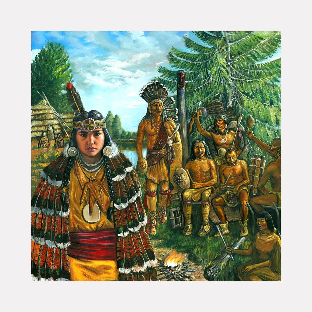 The artwork "Shinnecock–Montauk Ceremony (Native American Long Island Tribes)" by David Bunn Martine depicts a vibrant ceremonial scene with detailed figures in traditional attire, set outdoors by a campfire and lush greenery. The realistic style, rich textures, and earthy tones evoke a narrative depth reminiscent of Norman Rockwell and the ethnographic sensitivity seen in works by Edward S. Curtis.