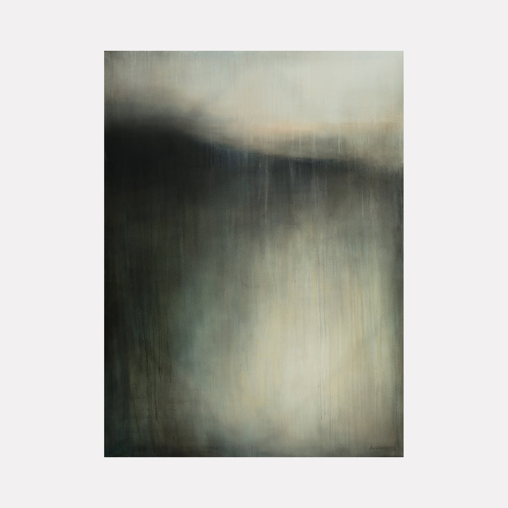 The artwork "Paradox" by Xanthippe Tsalimi features a large, abstract landscape with muted tones of gray, black, and soft beige blending together in a misty, atmospheric composition. The subtle layering and diffused textures evoke the moody landscapes of Mark Rothko and the ethereal qualities found in Gerhard Richter’s blurred works.