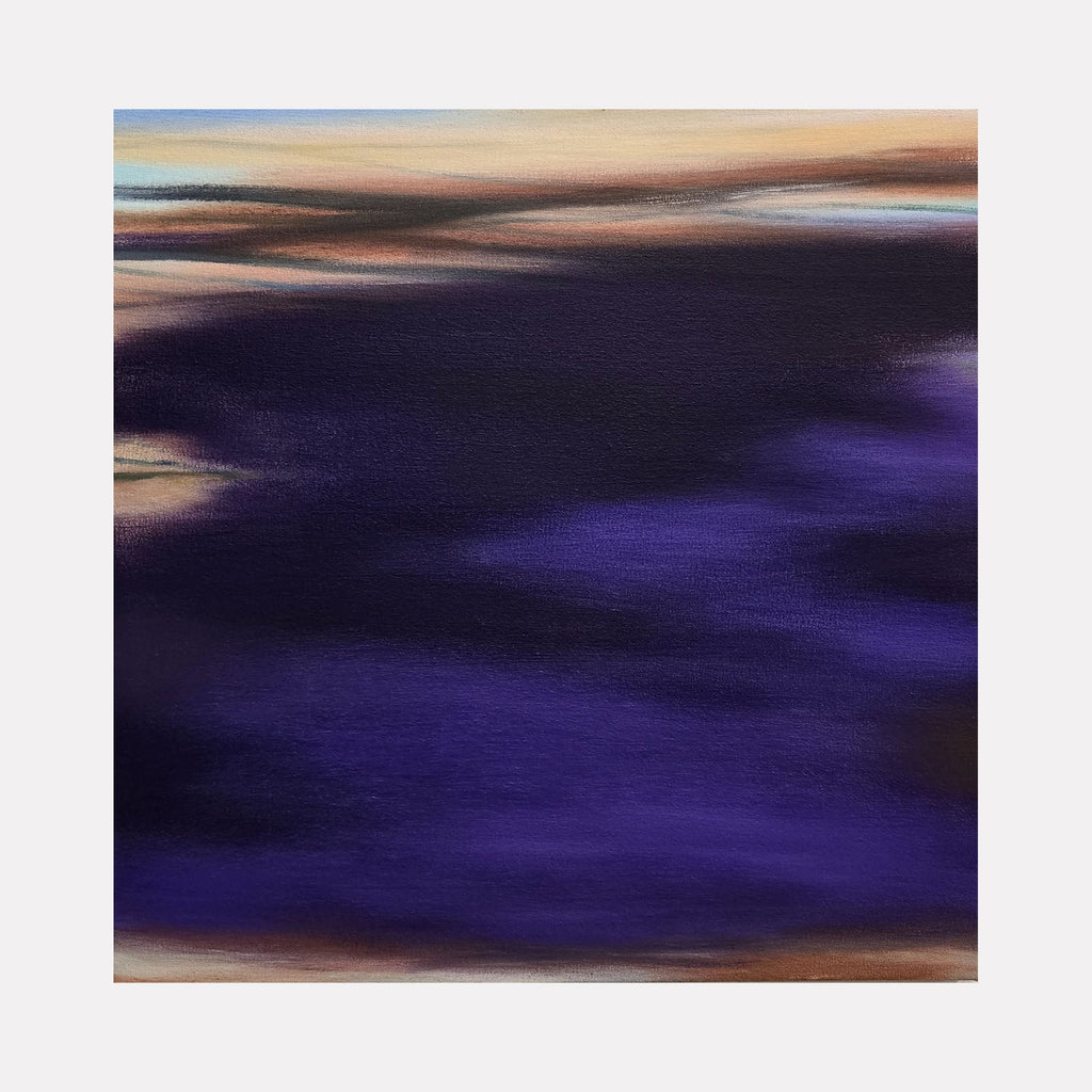 The artwork 'Waves' by Bob Melzmuf features sweeping brushstrokes creating an abstract seascape with deep purple waters beneath a warm peach and golden sunset sky. The oil painting showcases fluid movements and blending techniques, with rich dark purples transitioning into softer beige tones, capturing the ethereal motion of ocean waves at dusk.