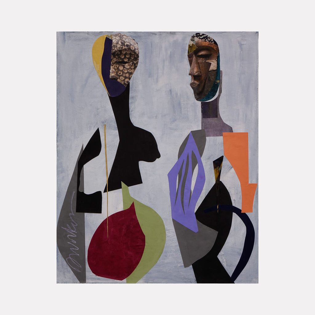The Love Hypothesis by Mona Dworkin features two abstract figures in muted grays, purples, reds, and oranges with textured and geometric elements, creating a thought-provoking composition that blends organic and angular forms in a contemporary art style.