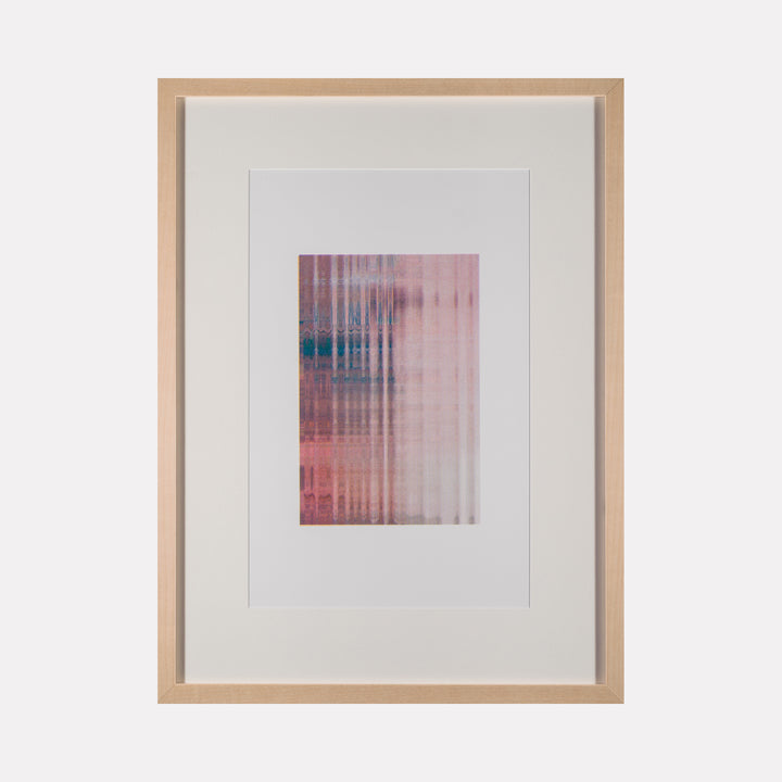 Algorithmic Textures (#5) by Craftwork features an abstract composition with a soft gradient of pink, purple, and blue vertical lines, creating a layered effect that explores digital textures within a minimalist wooden frame, showcasing a subtle and contemplative contemporary art piece.