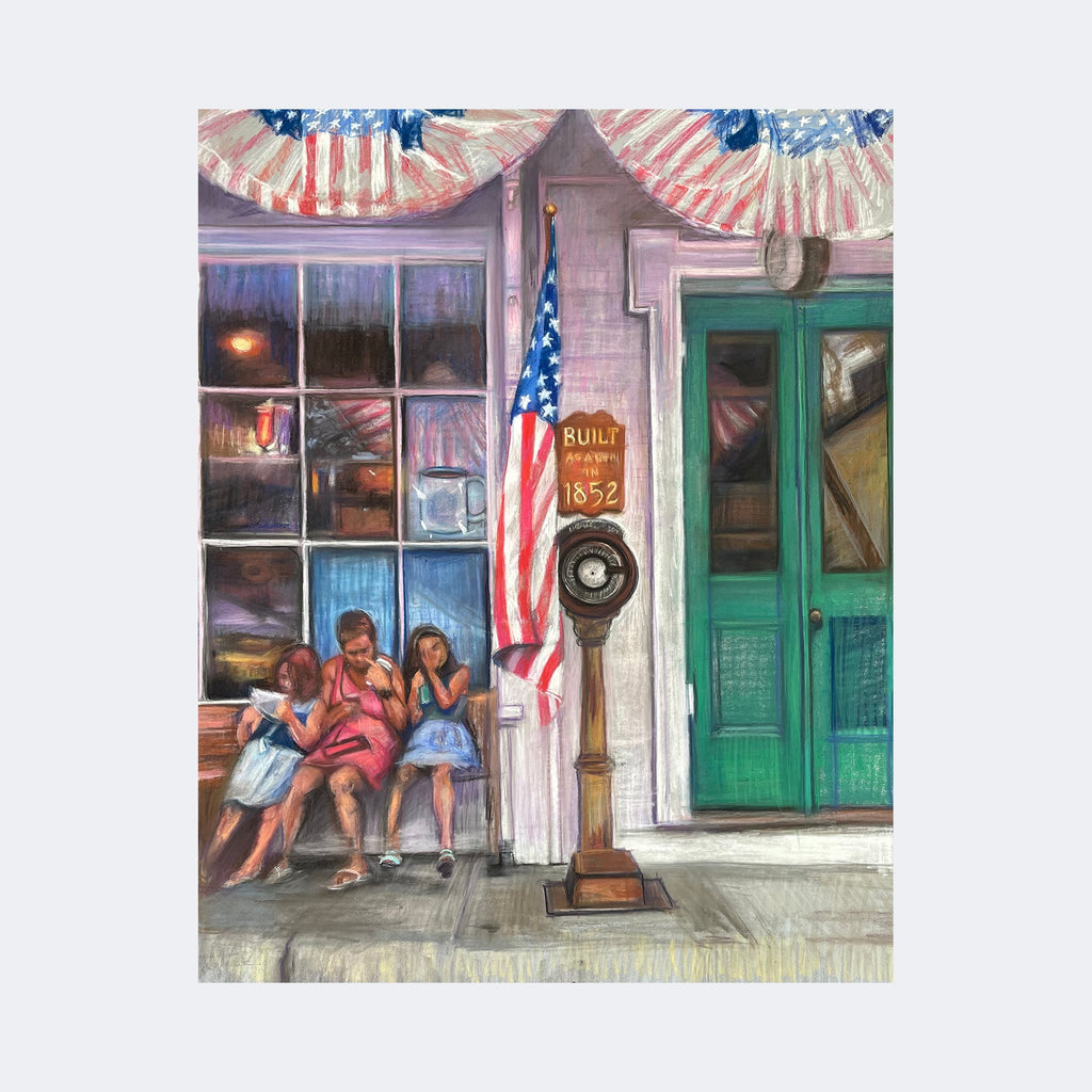 The artwork "The Cape" by Regina Miele depicts a nostalgic street scene featuring three children sitting on a bench beneath red, white, and blue bunting and an American flag. The setting includes a vintage parking meter and a green door, with detailed brushwork and warm, realistic textures reminiscent of the style of Norman Rockwell.
