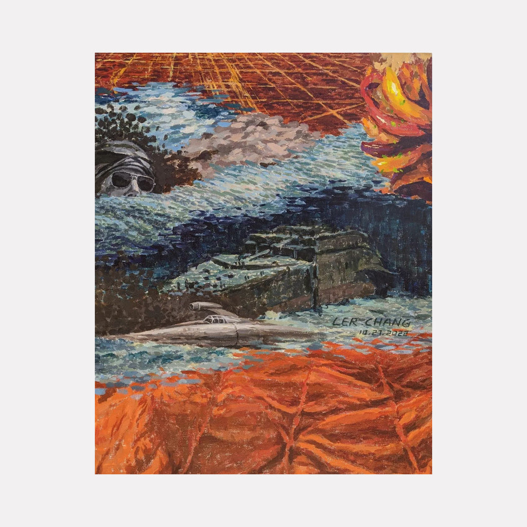 Untitled by Ler Chang depicts an abstract scene combining rugged textures in warm oranges and cool blues with hints of mechanical forms and organic shapes. The layered brushstrokes create a complex interplay of natural and industrial elements, evoking a dynamic yet contemplative atmosphere in a rich, textured composition.