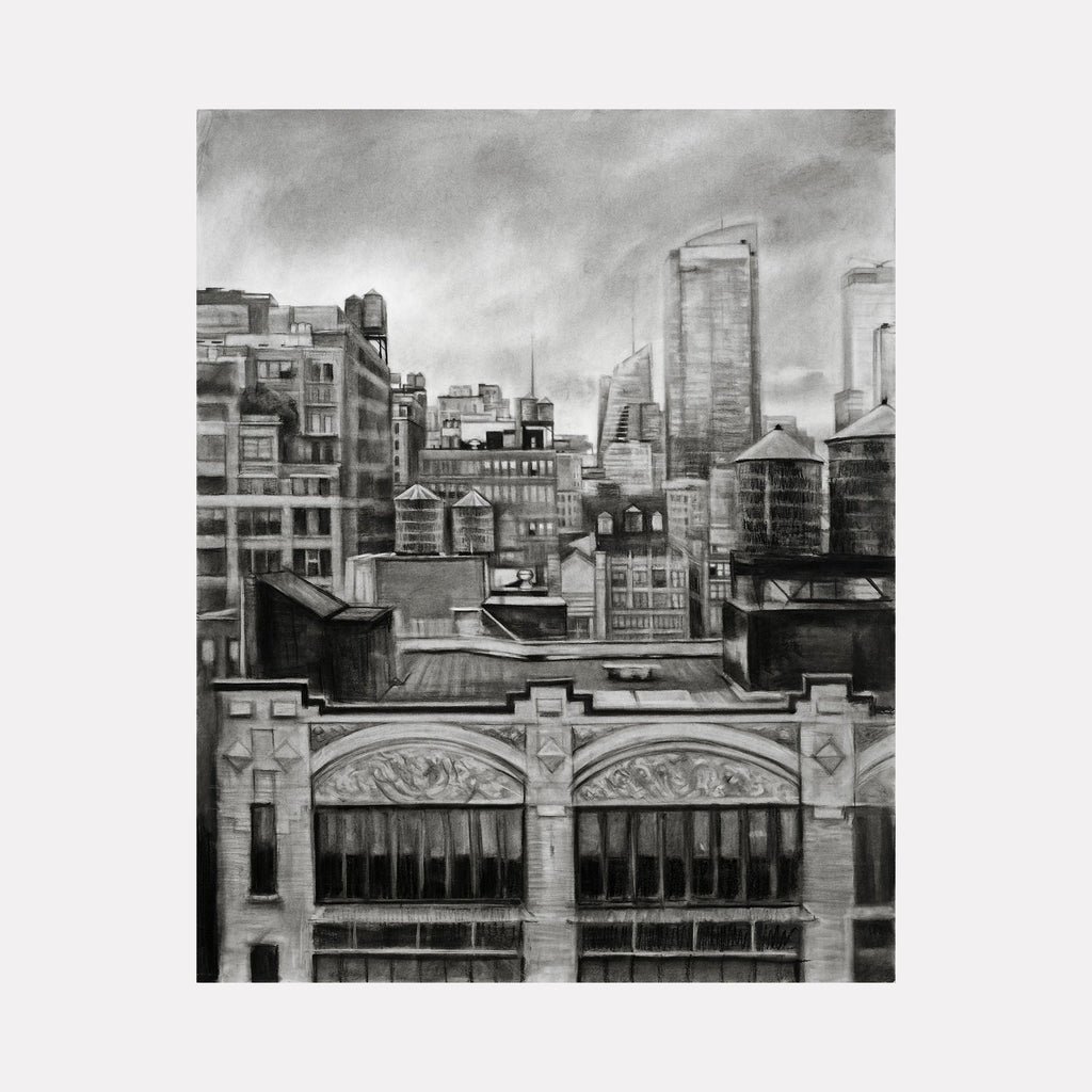 The artwork Midtown by Regina Miele depicts a detailed grayscale cityscape featuring intricate architectural elements, water towers, and high-rise buildings. The textured shading and realistic style evoke the mood of Edward Hopper’s urban scenes, blending photorealism with a somber, atmospheric tone reminiscent of early 20th-century American city paintings.