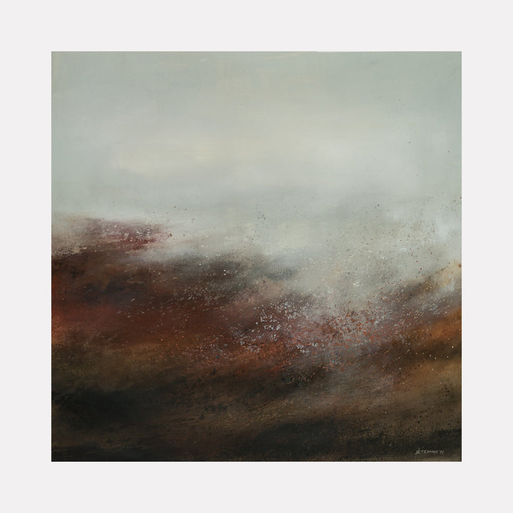 The artwork "Terra Rosa II" by Xanthippe Tsalimi features an abstract landscape dominated by warm earth tones of brown, rust, and ochre blending into a misty, pale gray sky. The textured, atmospheric composition evokes the contemplative tonal landscapes of J.M.W. Turner and the subtle abstraction found in Mark Rothko’s color fields.