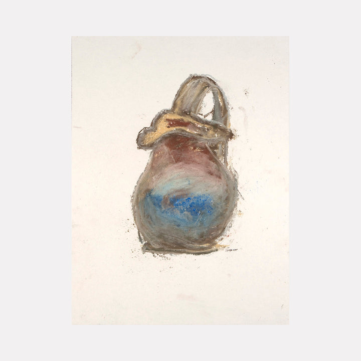 The artwork 'Ewer with Blue and Red' by Todd Gilens depicts a traditional ceramic vessel in earthy brown tones with a distinctive curved handle and spout. The ewer features a round body with a gentle splash of bright blue and subtle red accents, rendered in loose, expressive brushstrokes using dry pigment on paper, measuring 12 inches high by 9 inches wide.